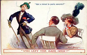 Spurgin: Comic postcard, Couple at table, with passer-by