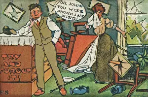 Pane: Comic postcard, couple in a trashed room