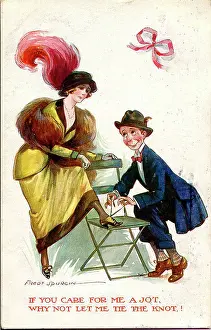 Wordplay: Comic postcard, Couple tying shoelace