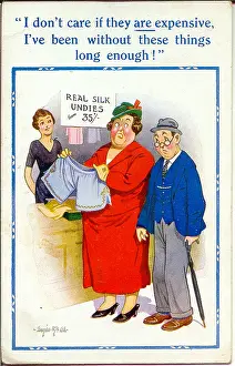 Frump: Comic postcard, Couple at an underwear counter