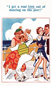 Frump: Comic postcard, two couples dancing on the pier