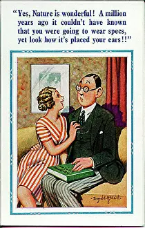 Studious: Comic postcard, Courting couple on sofa