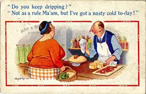 Nasty: Comic postcard, Customer in butcher's shop