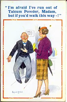 Talcum: Comic postcard, Customer in department store