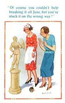Frump: Comic postcard, damage to a statue