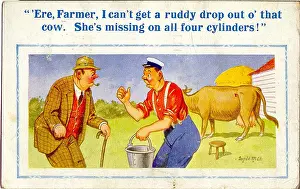 Udders: Comic postcard, Difficulty milking a cow