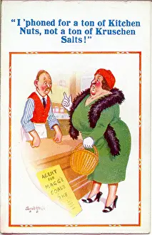 Misunderstanding: Comic postcard, dissatisfied customer in shop