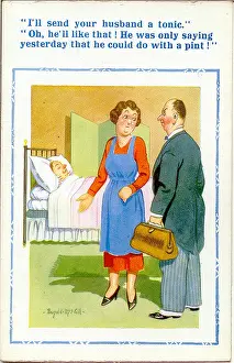 Misunderstanding: Comic postcard, Doctor visits patient, wife misunderstands