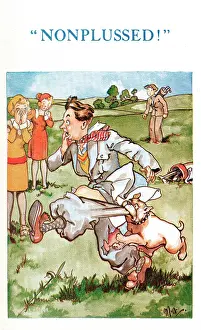 Ripping: Comic postcard, dog attack on golf course