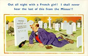 Armentieres: Comic postcard, drunkard in cemetery