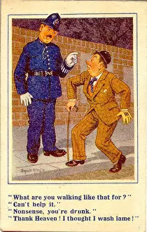Uneven: Comic postcard, Drunkard and policeman in the street