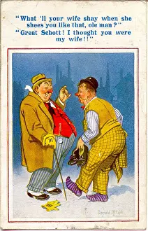 Dishevelled: Comic postcard, Two drunkards chatting