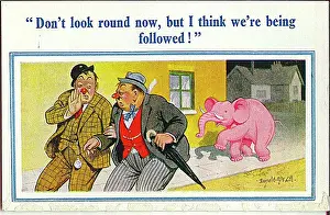 Drunkards: Comic postcard, Two drunkards followed by pink elephant