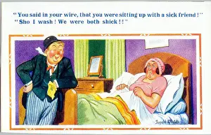 Excuse: Comic postcard, Drunken husband arrives home