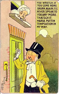 Drunks: Comic postcard, Drunken man arrives home
