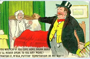 Drunks: Comic postcard, Drunken man arrives home