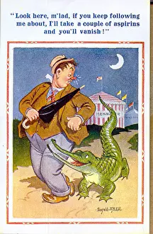 Booze: Comic postcard, Drunken man with crocodile