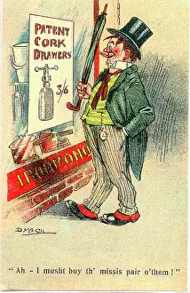 Corkscrew: Comic postcard, Drunken man, patent cork drawers