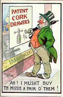 Corkscrew: Comic postcard, Drunken man, patent cork drawers