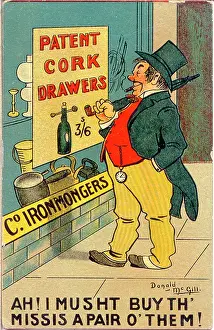 Corkscrew: Comic postcard, Drunken man, patent cork drawers