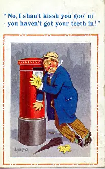 Goodnight: Comic postcard, Drunken man with pillar box