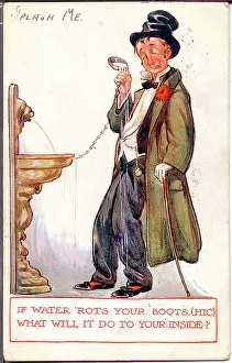 Excuse: Comic postcard, Drunken man and water fountain
