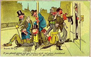 Drunks: Comic postcard, Drunken men going home