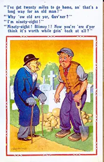 Gravedigger: Comic postcard, Elderly man and gravedigger