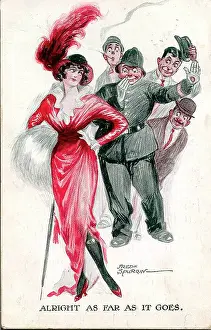 Alright: Comic postcard, Elegant woman watched by four men