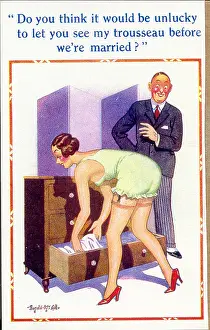 Unlucky: Comic postcard, Engaged couple chatting
