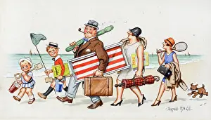 Raquet: Comic postcard, Family arriving on the beach