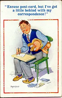 Fatherhood: Comic postcard, father with baby, writing a card