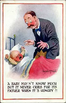 Helpless: Comic postcard, Father with crying baby