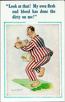 Weeing: Comic postcard, Father holds crying baby
