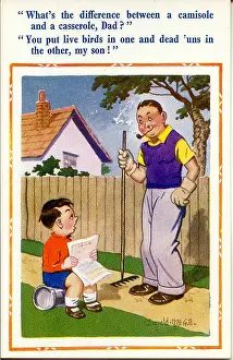 Camisole: Comic postcard, Father and son in the garden