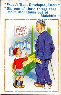 Developer: Comic postcard, Father and son, shop window