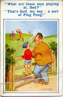 Pong: Comic postcard, Father and son watch golfers