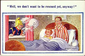 Disturbing: Comic postcard, Fireman disturbs couple in bed