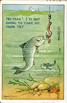 Avoiding: Comic postcard, Fish avoids worm and hook