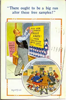 Scotsmen: Comic postcard, Free samples of fruit salts, and the result