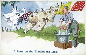 Patched: Comic postcard, German soldier, Hindenburg Line, WW1
