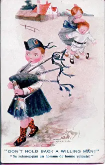 Horsfall: Comic postcard, girl, boy and bagpipe player