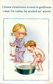 Bathtime: Comic postcard, Girl and boy at bathtime