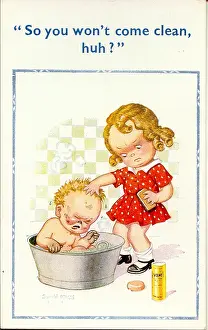 Bathtime: Comic postcard, Girl and boy at bathtime