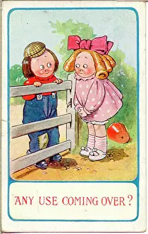 Tentative: Comic postcard, Girl and boy chat over a gate