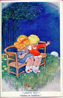Cowham: Comic postcard, girl and boy on park bench at night