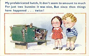 Reproducing: Comic postcard, Girl and boy with rabbit hutch