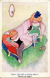 Cowham: Comic postcard, girl and boy on a sofa