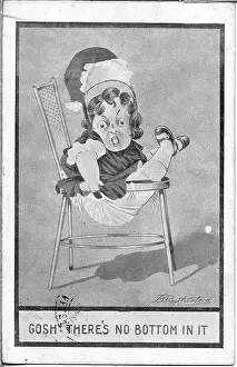 Slipping: Comic postcard, Girl slips through chair