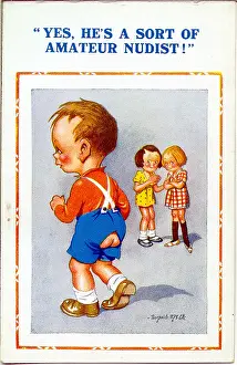 Nudist: Comic postcard, Two girls discuss little boy